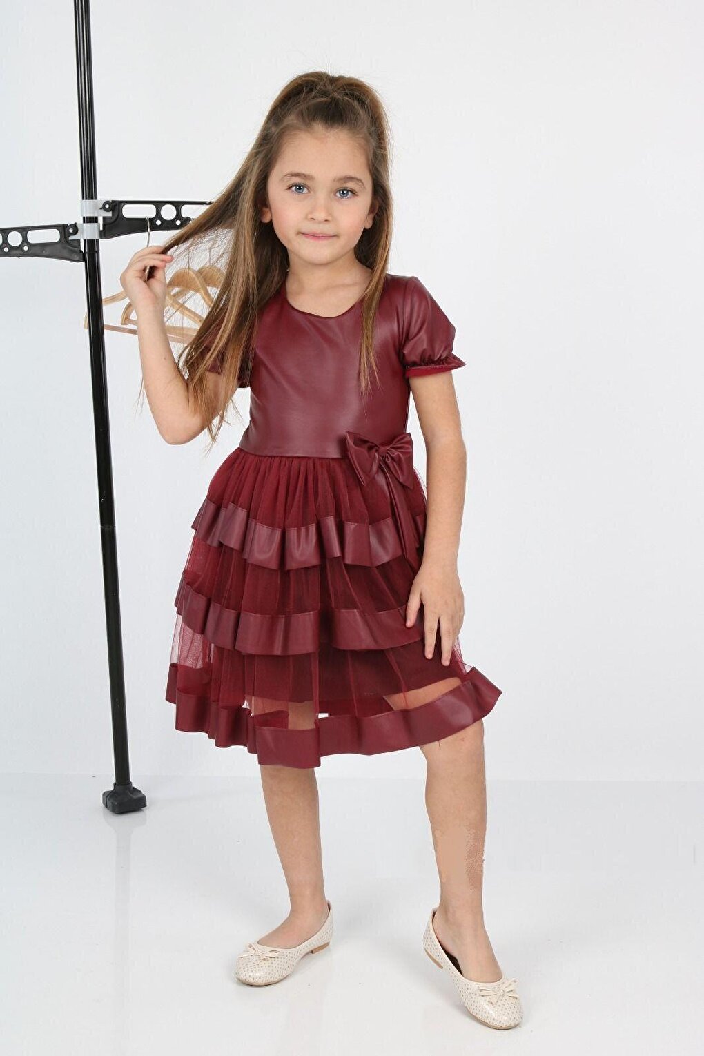 Shine Tulle Leather Burgundy Girls' Evening Dress