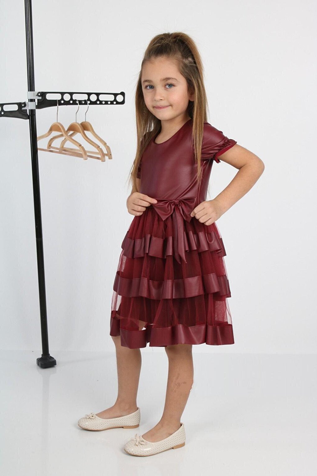 Shine Tulle Leather Burgundy Girls' Evening Dress