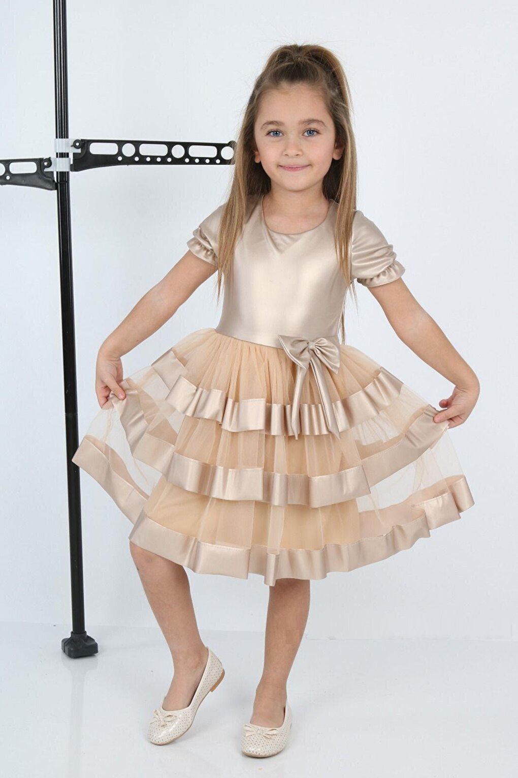 Shine Tulle Leather Gold Girls' Evening Dress