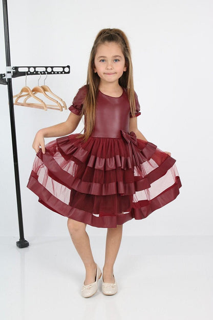 Shine Tulle Leather Burgundy Girls' Evening Dress