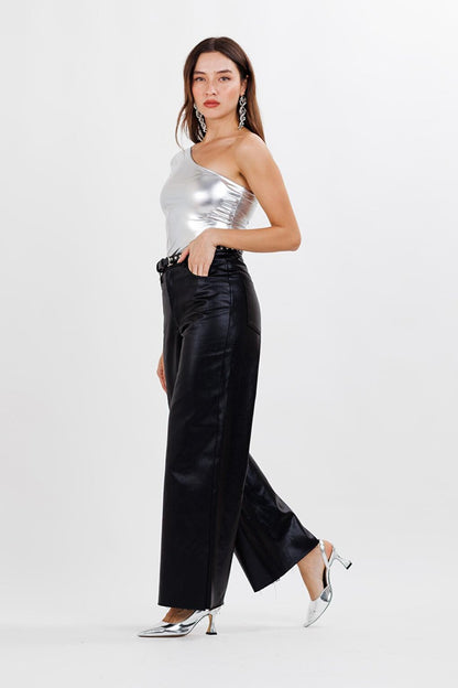 Women's Black Coated High Waist Palazzo Trousers