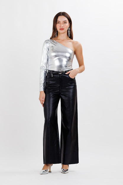 Women's Black Coated High Waist Palazzo Trousers