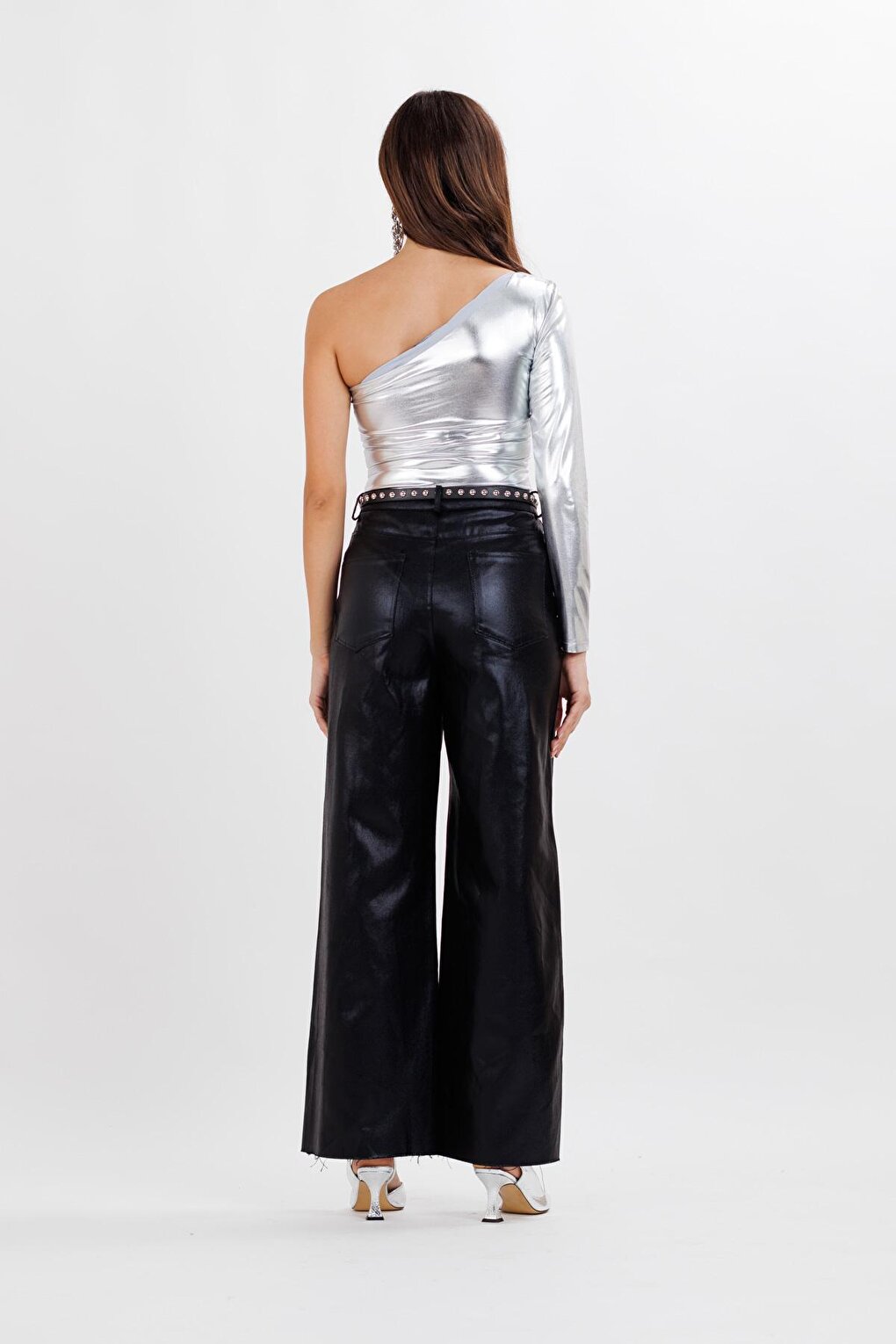 Women's Black Coated High Waist Palazzo Trousers