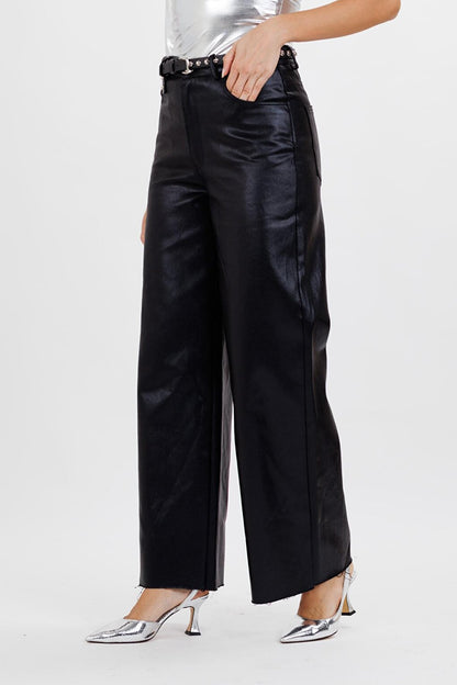 Women's Black Coated High Waist Palazzo Trousers