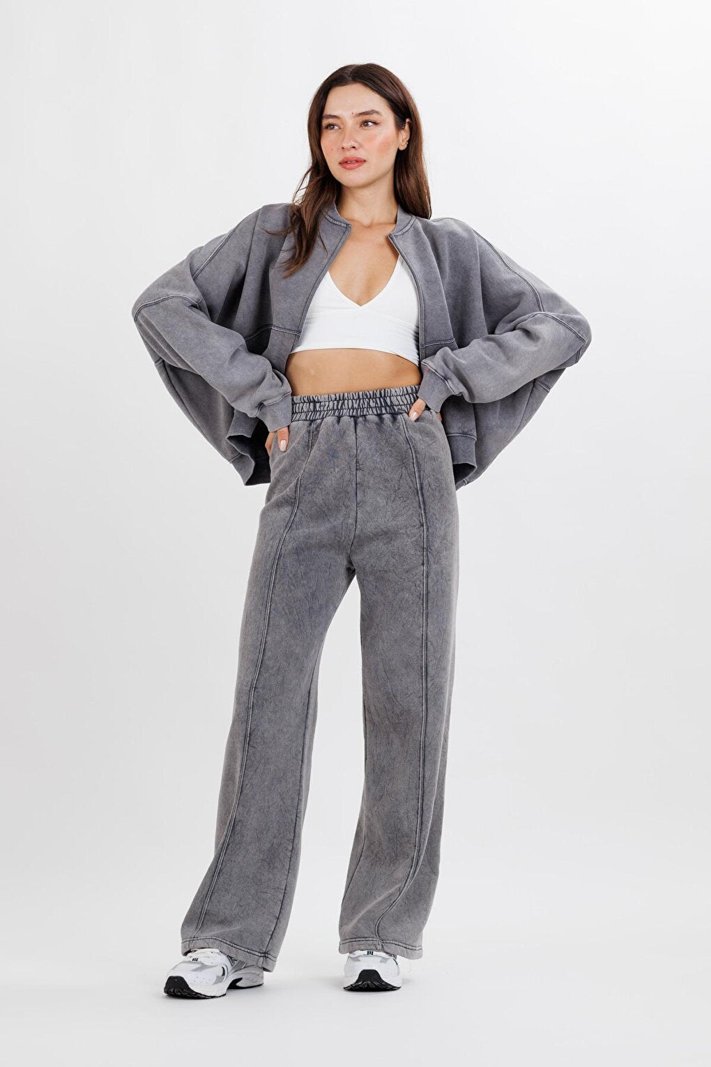 Women's Gray High Waist Washed Wide Leg Trousers