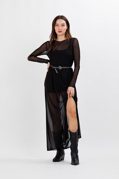 Women's Black Tulle Lined Waist Slit Detailed Dress