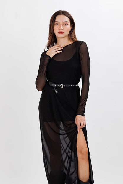 Women's Black Tulle Lined Waist Slit Detailed Dress