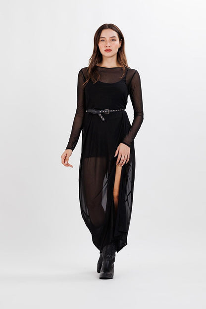 Women's Black Tulle Lined Waist Slit Detailed Dress