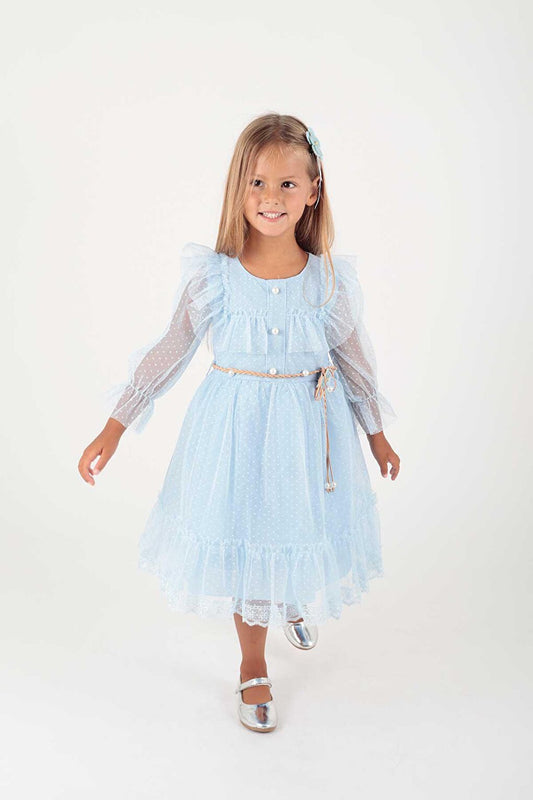 Girl's Buckle Belted Lace Trend Tulle Dress Ak2206