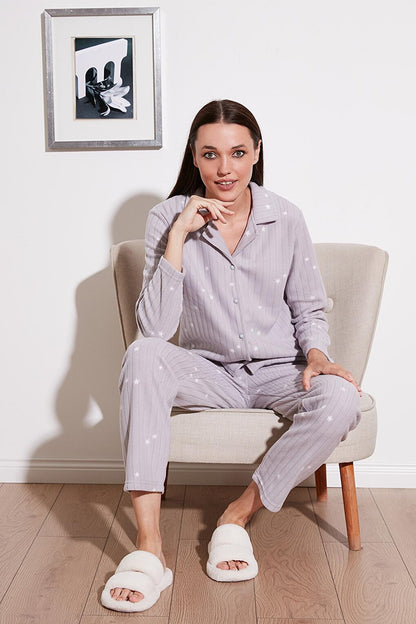 Regular Fit Shirt Collar Front Buttoned Fleece Pajama Set 6571009