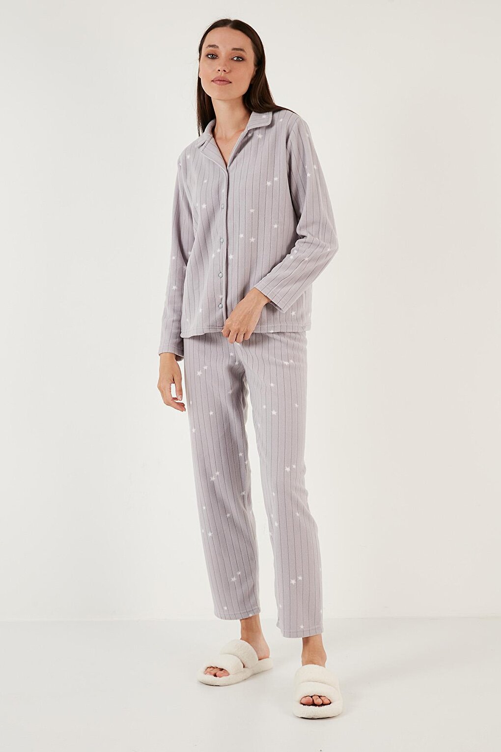 Regular Fit Shirt Collar Front Buttoned Fleece Pajama Set 6571009