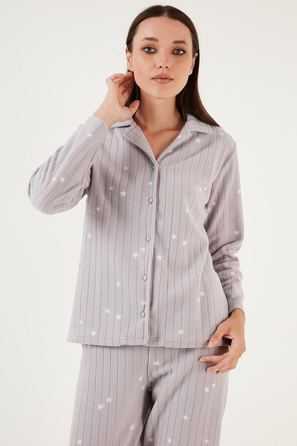 Regular Fit Shirt Collar Front Buttoned Fleece Pajama Set 6571009