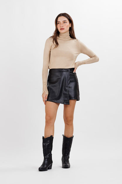 Women's Black Normal Waist Furry Zipper Detailed Leather Shorts Skirt