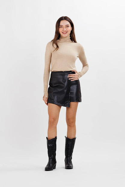 Women's Black Normal Waist Furry Zipper Detailed Leather Shorts Skirt