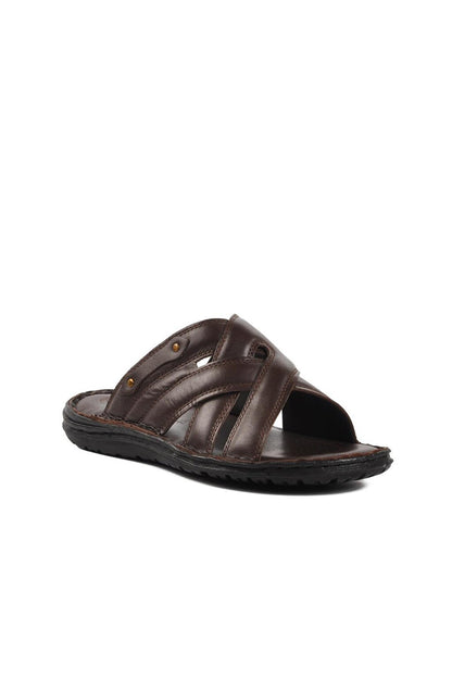 B15.152 Brown Inside and Outside Genuine Leather Men's Slippers