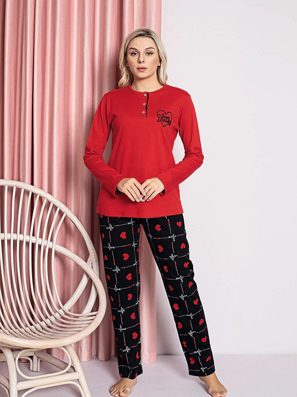 Women's Pajama Set Young Interlock Heart Plaid Cotton Seasonal W20372246