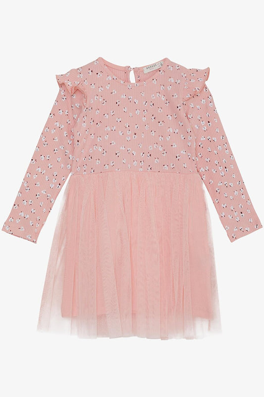 Girl's Long Sleeve Dress Floral Patterned Ruffled Shoulder Salmon (Age 3)