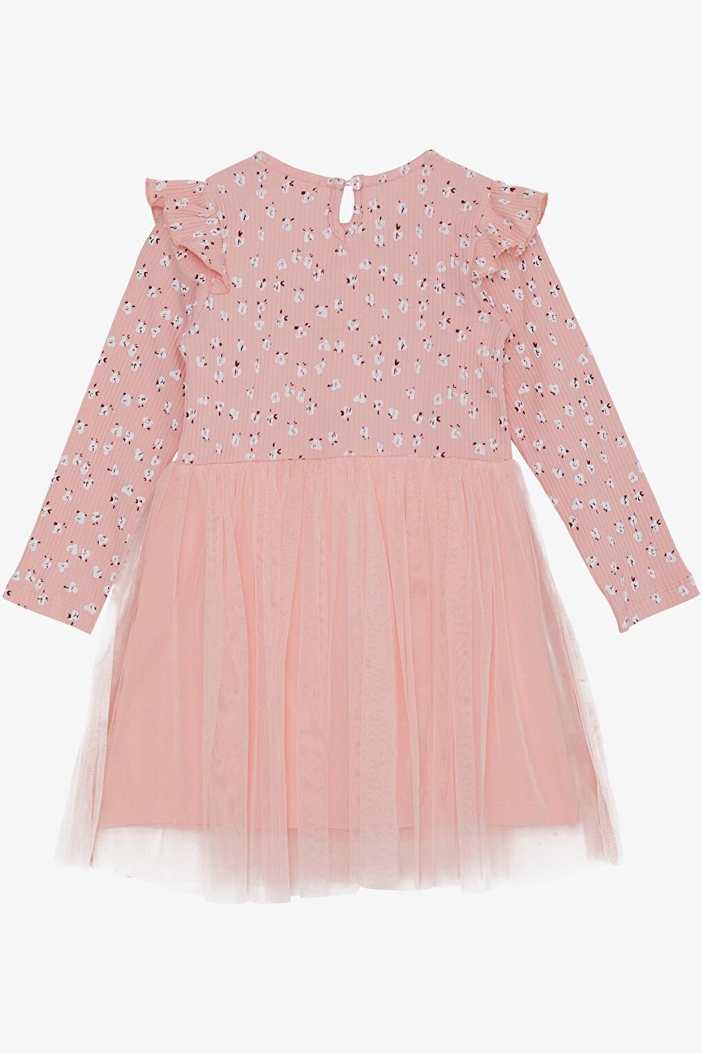 Girl's Long Sleeve Dress Floral Patterned Ruffled Shoulder Salmon (Age 3)