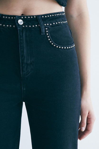 Black High Waist Troc Detailed Straight Jeans