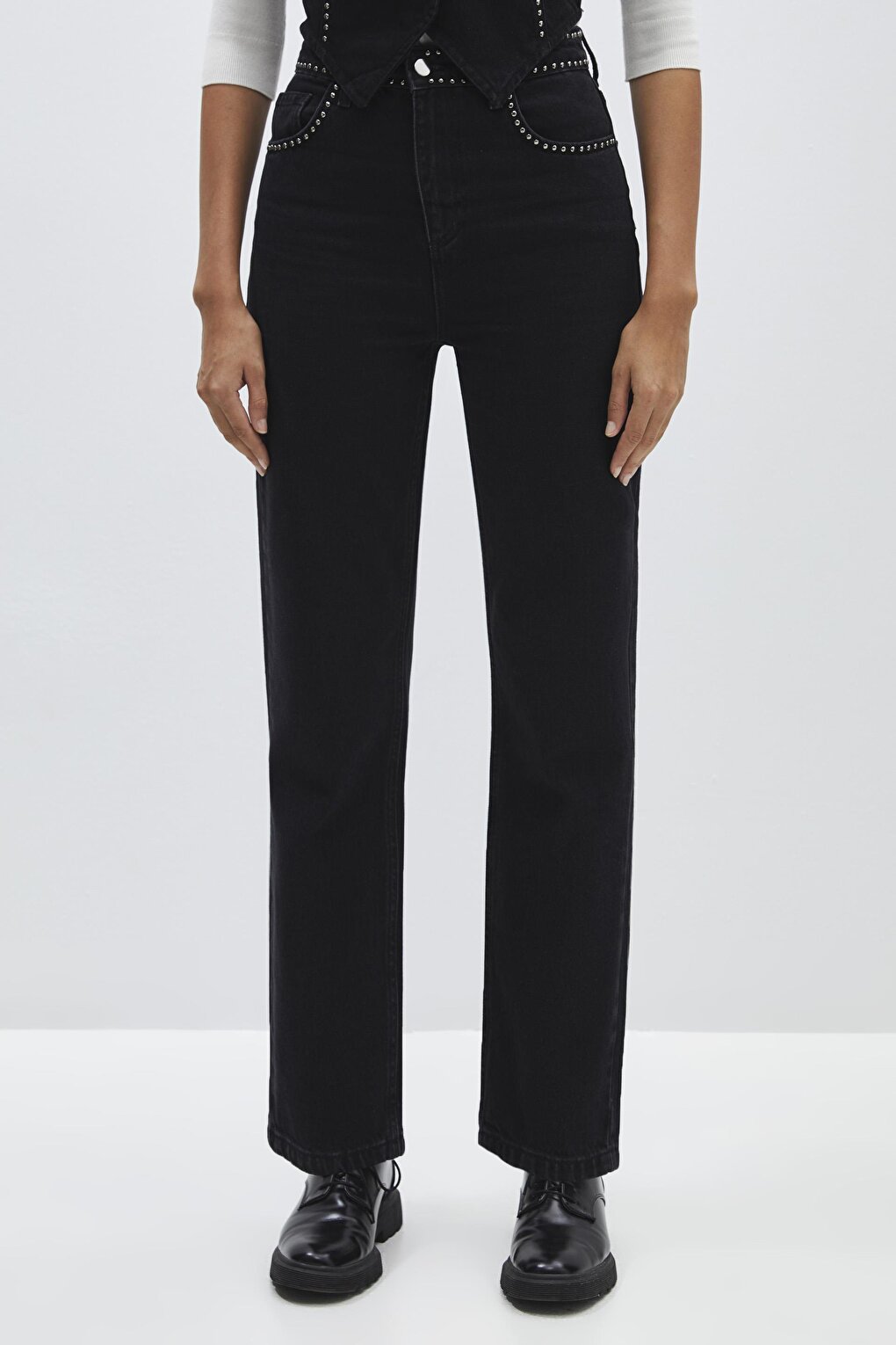 Black High Waist Troc Detailed Straight Jeans