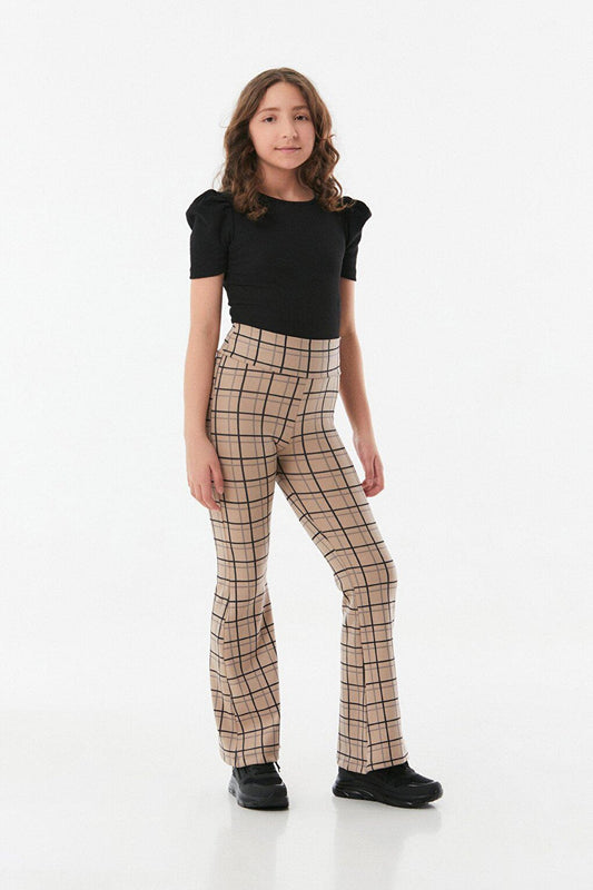 Plaid Patterned Flare Leg Girls' Trousers and Leggings