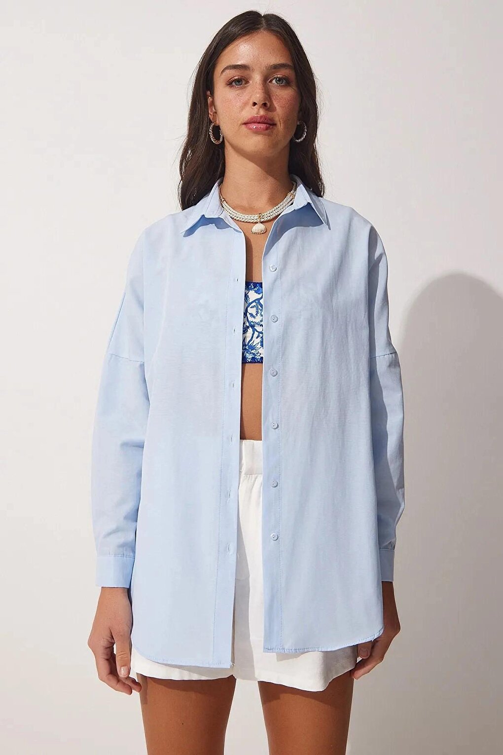 Light Blue Plain Plain Araboy Basic Oversize Shirt