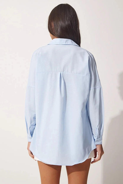 Light Blue Plain Plain Araboy Basic Oversize Shirt