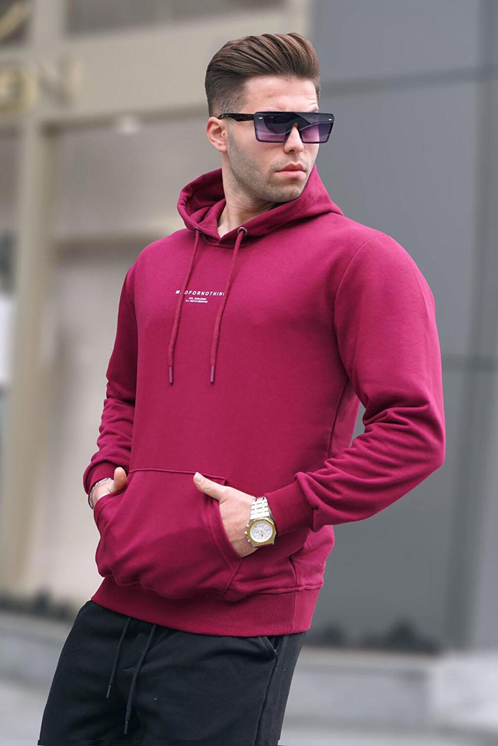 Claret Red Hooded Printed Men's Sweatshirt 6017