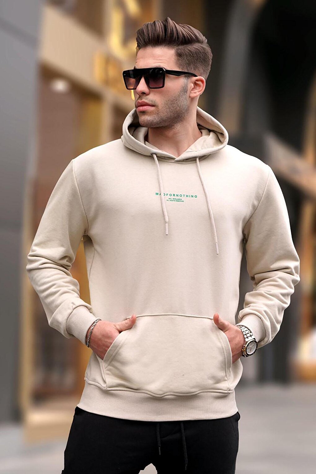 Beige Hooded Printed Men's Sweatshirt 6017