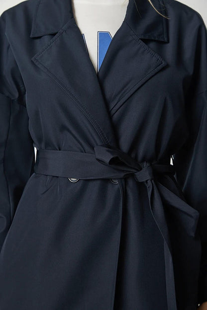 Women's Navy Blue Double Breasted Collar Tie Waist Folded Sleeve Trench Coat