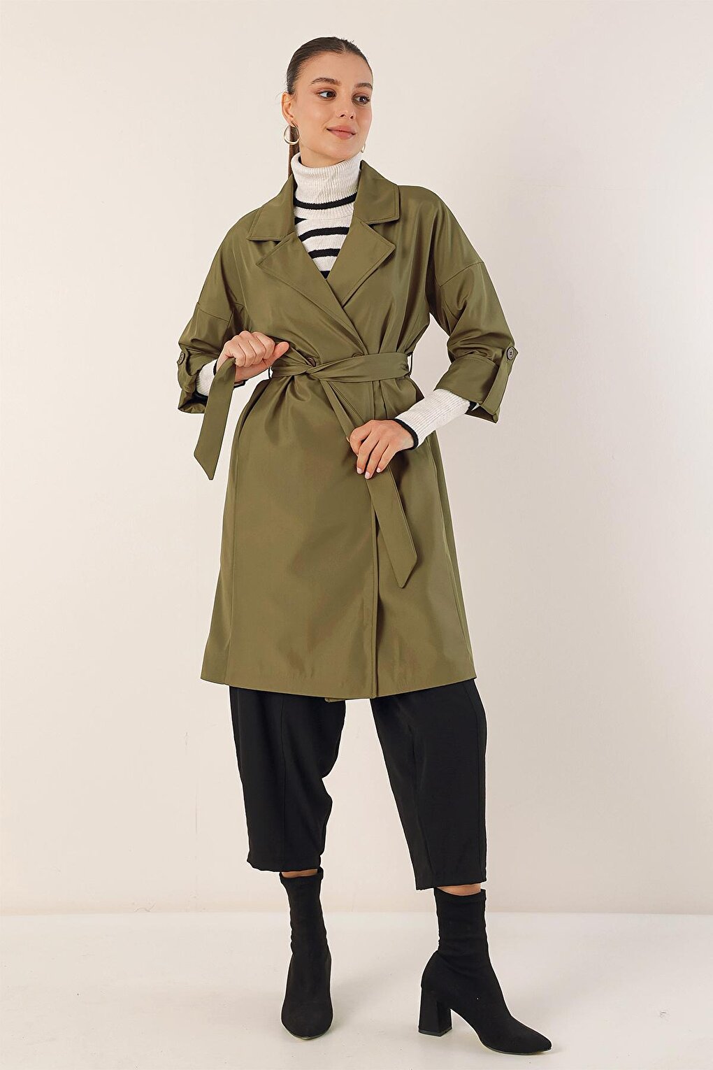 Women's Khaki Double Breasted Collar Tie Waist Folded Sleeve Trench Coat