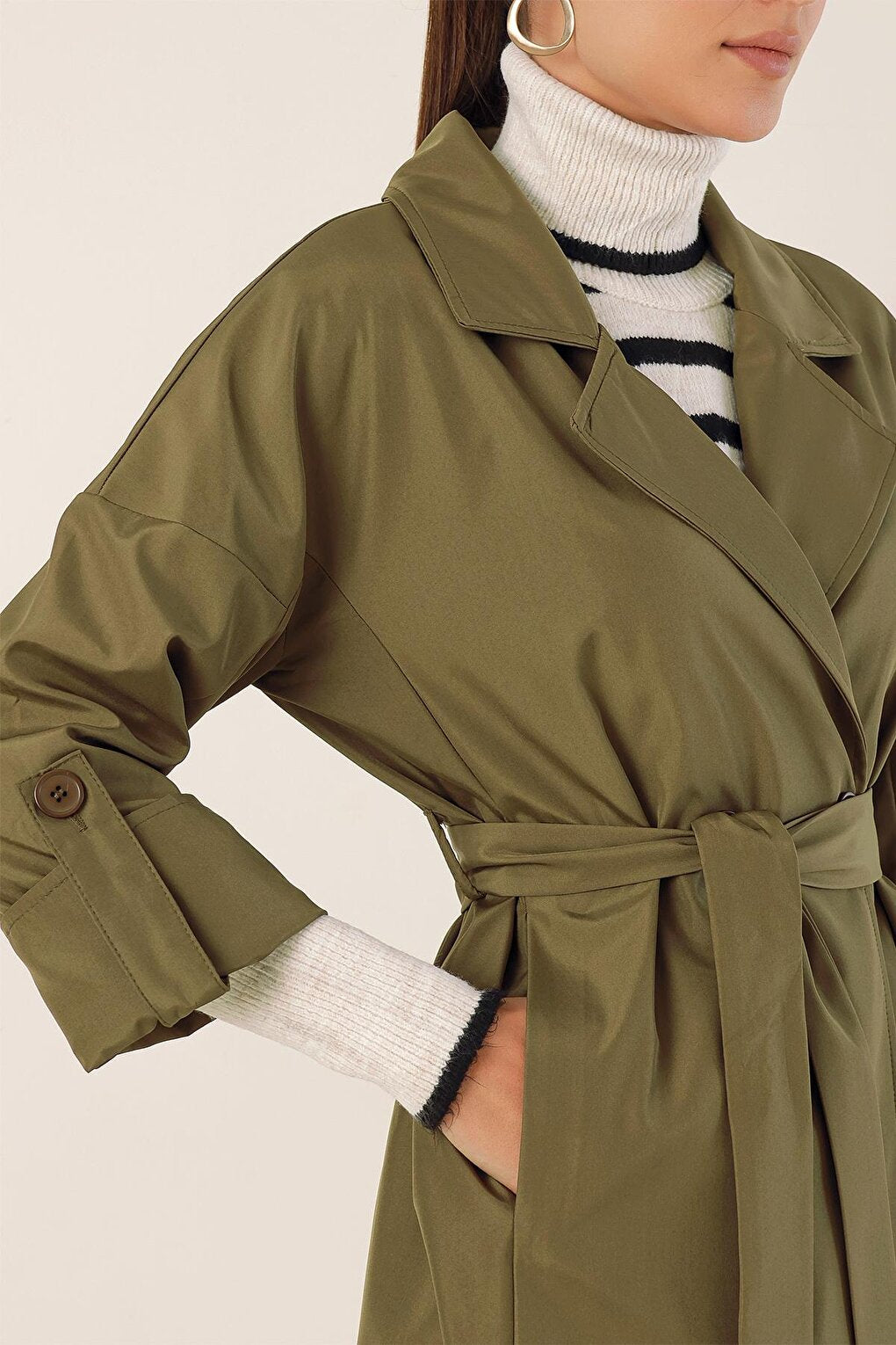 Women's Khaki Double Breasted Collar Tie Waist Folded Sleeve Trench Coat