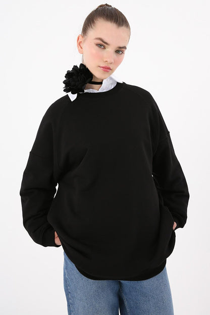 Black 3 Thread Oversize Basic Sweatshirt