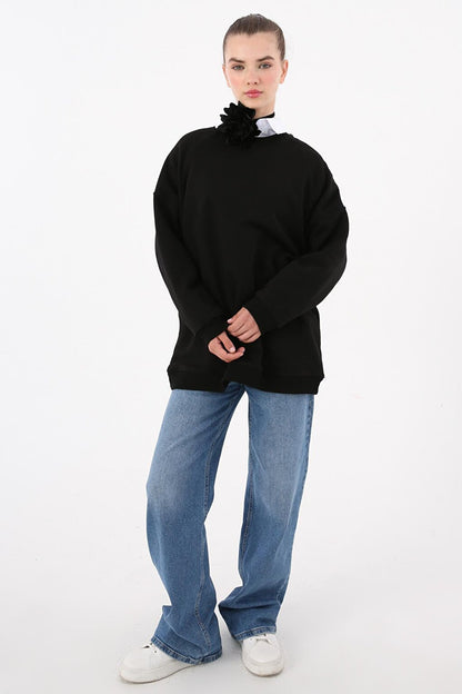 Black 3 Thread Oversize Basic Sweatshirt