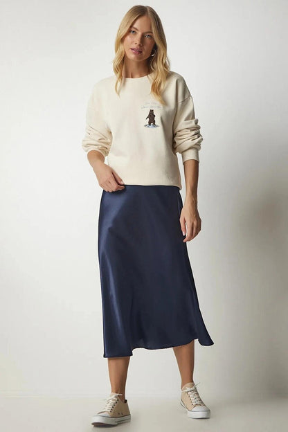 Navy Blue Ankle Length Satin Skirt