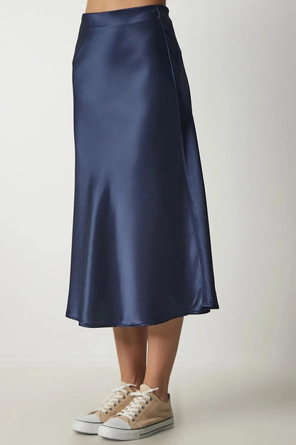 Navy Blue Ankle Length Satin Skirt