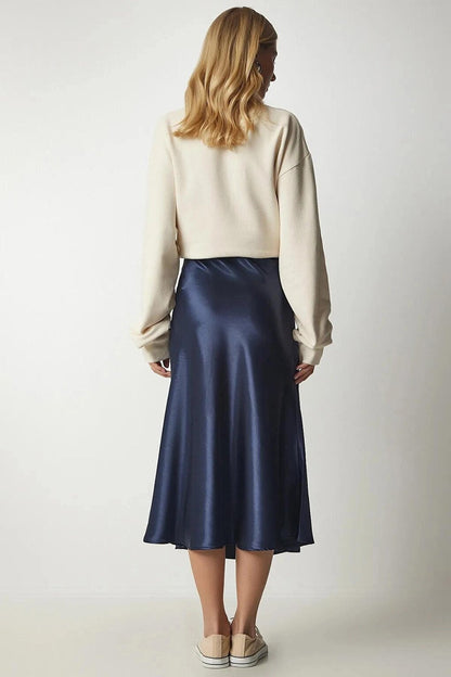 Navy Blue Ankle Length Satin Skirt