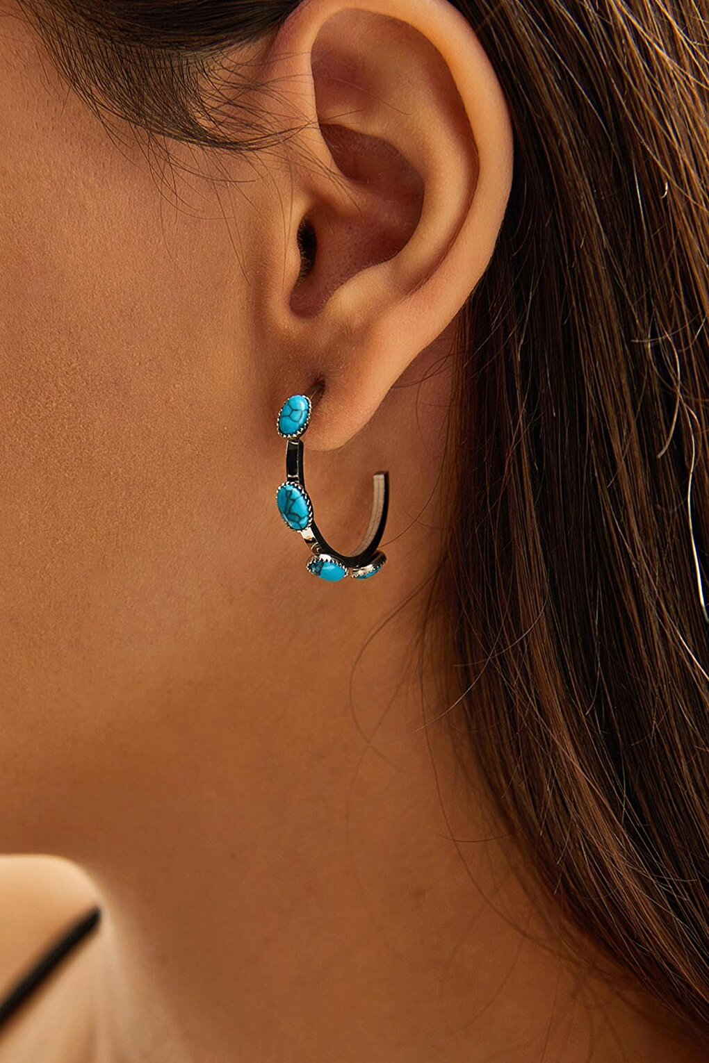 Women's Accessory Steel Blue Stone Hoop Earring