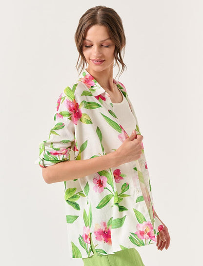 Ecru Long Sleeve Floral Linen Shirt