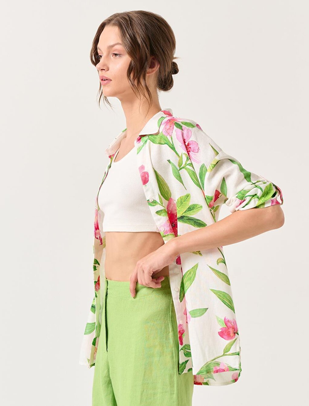 Ecru Long Sleeve Floral Linen Shirt