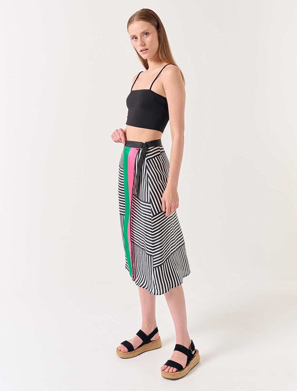 Mixed Loose Cut Patterned Midi Satin Skirt