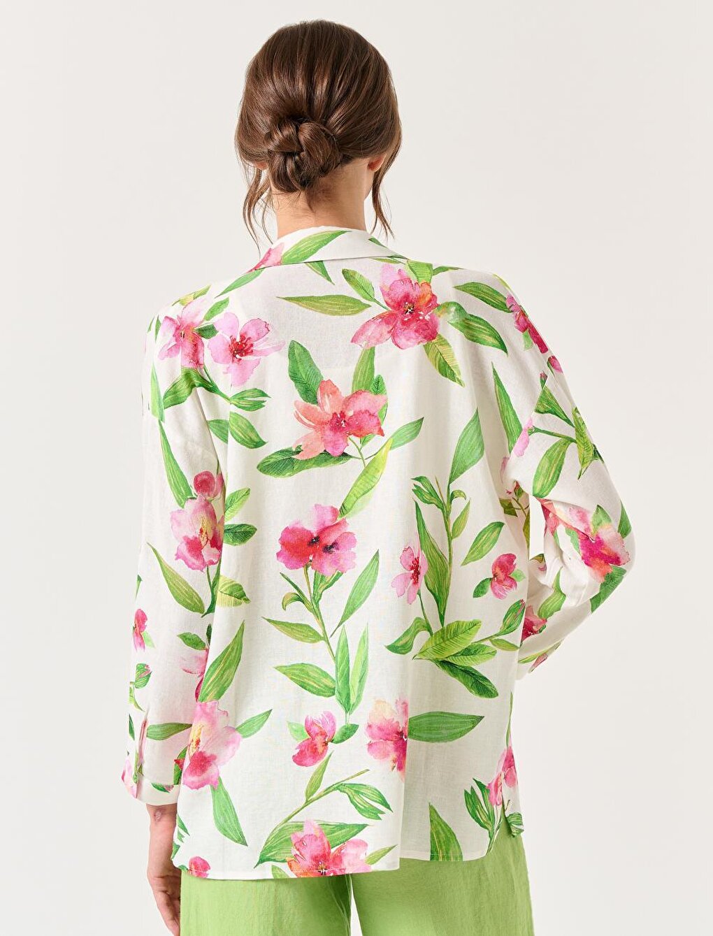 Ecru Long Sleeve Floral Linen Shirt