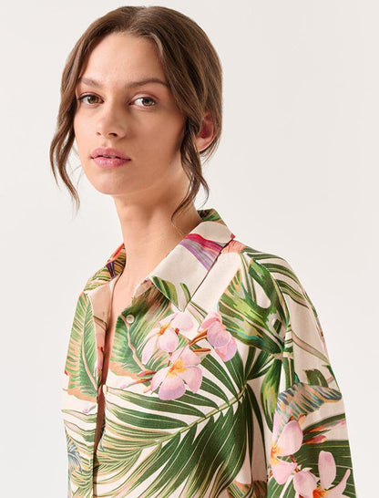 Ecru Short Sleeve Tropical Patterned Linen Shirt