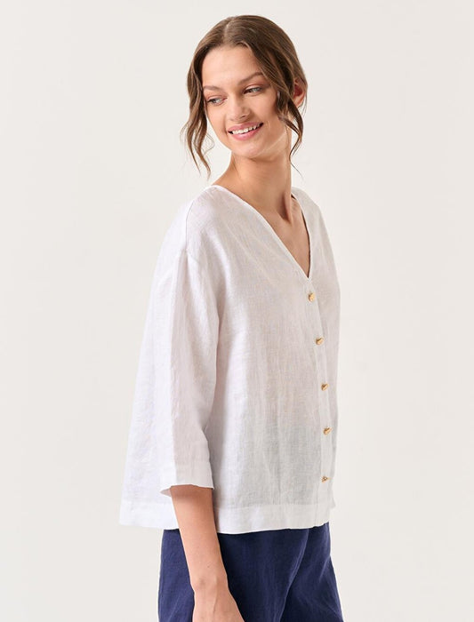 White Three Quarter Sleeve V Neck Linen Blouse