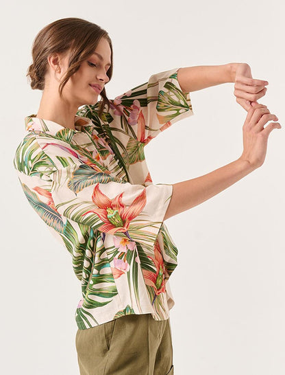 Ecru Short Sleeve Tropical Patterned Linen Shirt