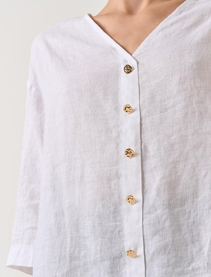 White Three Quarter Sleeve V Neck Linen Blouse