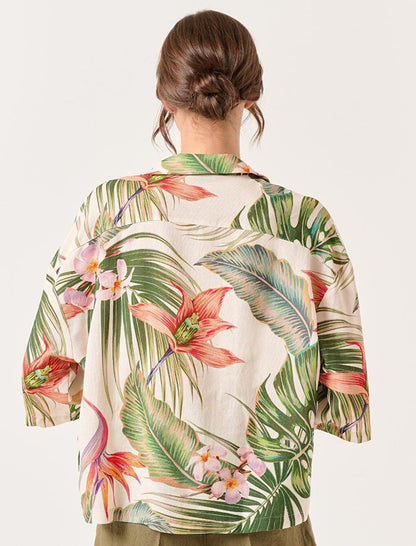 Ecru Short Sleeve Tropical Patterned Linen Shirt