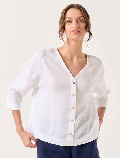 White Three Quarter Sleeve V Neck Linen Blouse