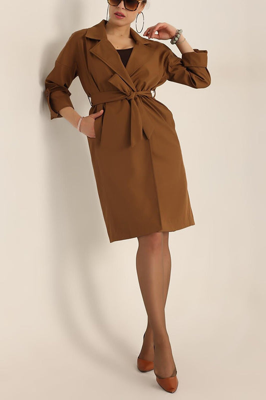 Women's Brown Double Breasted Collar Tie Waist Folded Sleeve Trench Coat