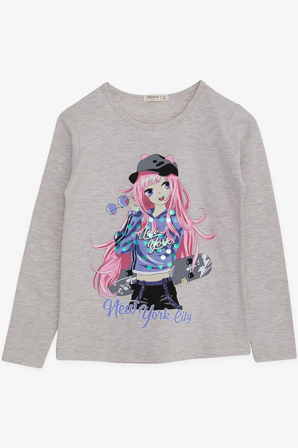 Girl's Long Sleeve T-Shirt Skateboard Girl Printed Beige Melange (Ages 9-14)